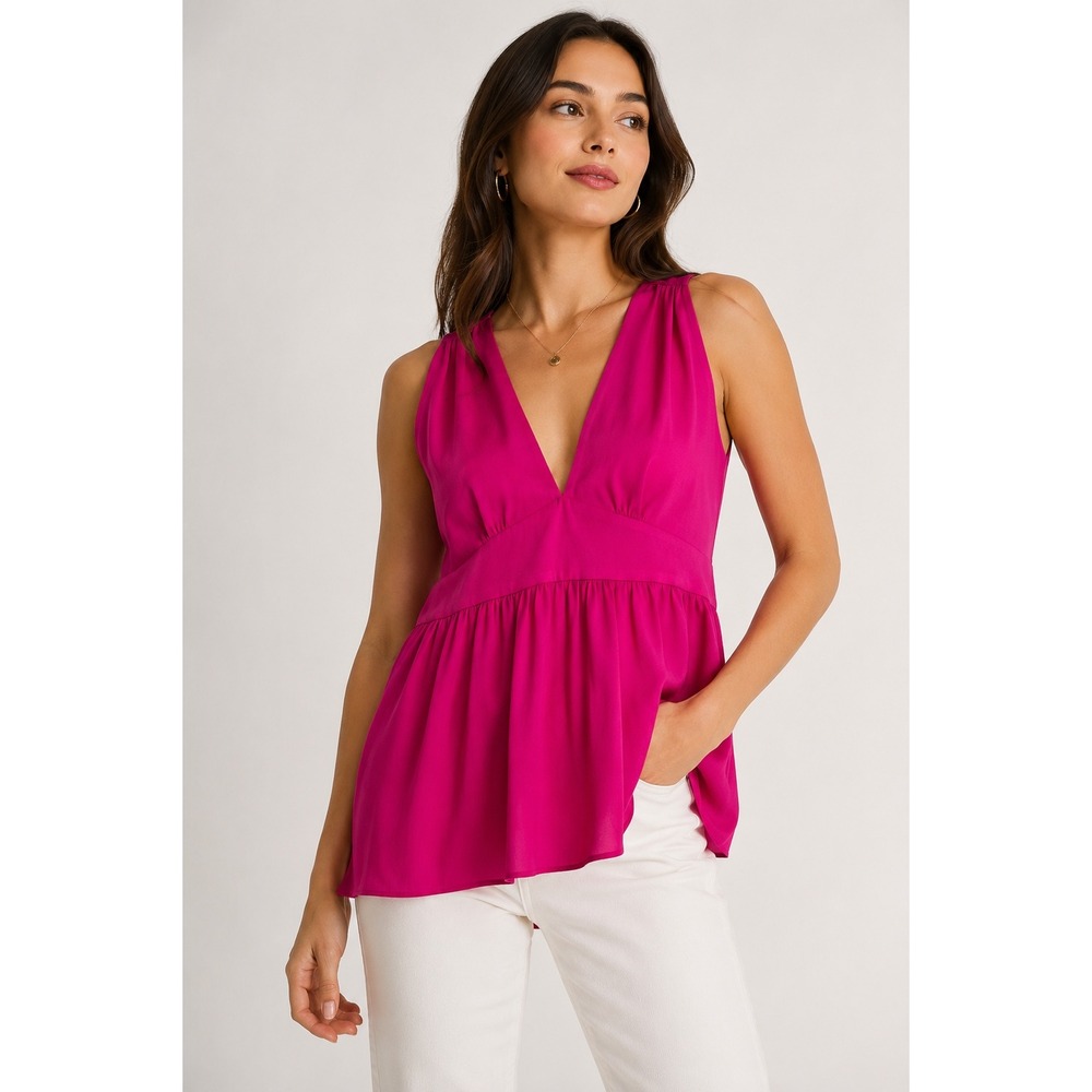 Amanda Uprichard Hot‎ Pink Halter Blouse 100% Silk Deep V-Neck Open Back Medium